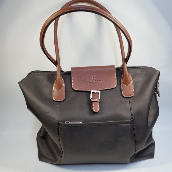 Hexagona Handbags - Hexagona Hand Bag Tote Leather Handles Amd Accents Silver Tone Hardwear